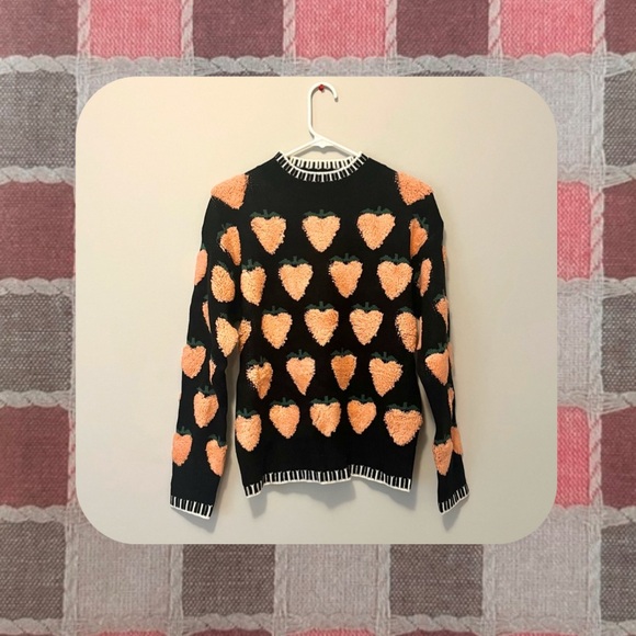 navy blue fruit knit sweater with pink fluffy peaches 🍑 - Picture 1 of 9